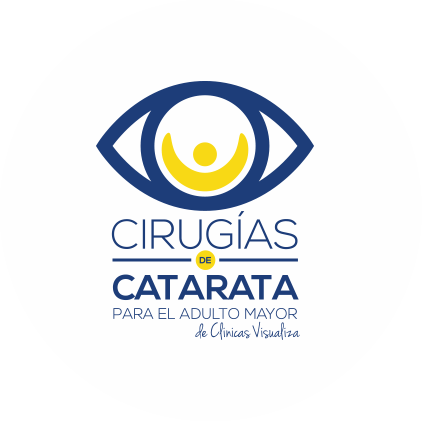 Logo Cirugías de Catarata para el adulto mayor imagen de un ojo combinando los colores azul y amarillo de visualiza