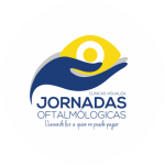 Logo Jornadas Oftalmológicas Una mano color azul sosteniendo un ojos color amarillo
