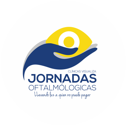 Logo Jornadas Oftalmológicas Una mano color azul sosteniendo un ojos color amarillo