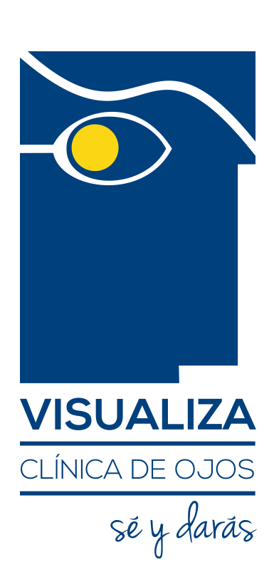 Logotipo de visualiza color azul un rectángulo vertical simulando un rostro en la parte superior izquierda una silueta de una cuchara simulando un ojo y en la parte interior un circulo amarillo simulando el iris y una linea en la parte superior ondulada blanca